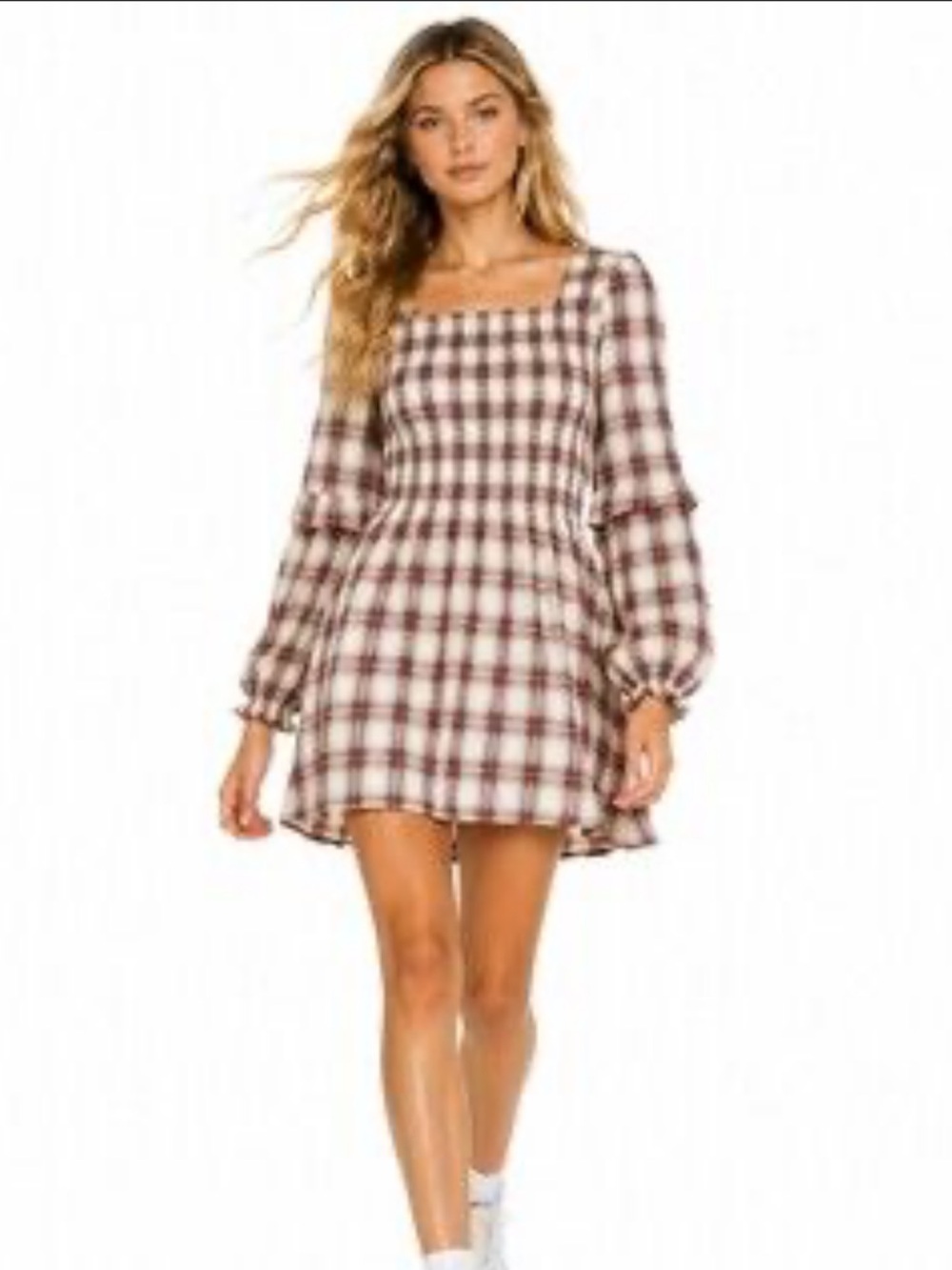 NWOT - American Eagle Babydoll Midi Dress in Cream & Pink Plaid